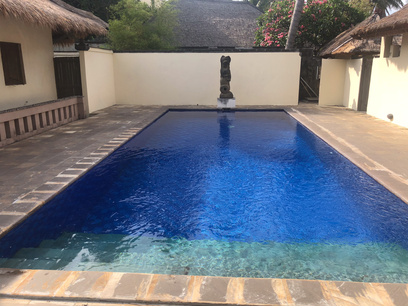 The pool in its walled courtyard, a stone spout running into the deep end and thatched roofs above the wall.