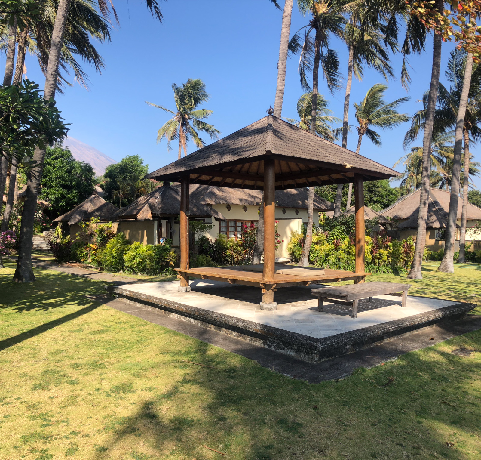 An open pavilion on the lawn between the cottages, coconut palms standing over it.