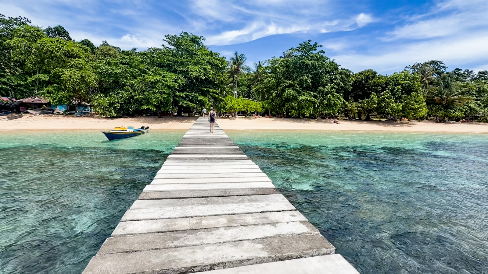 A plank jetty running off the beach into turquoise shallows, forest rising behind.