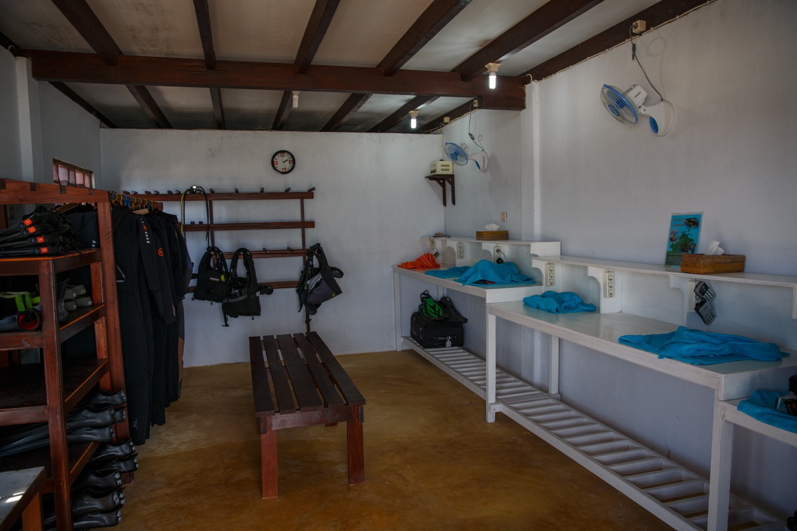 A gear room with wetsuits and BCDs on a rail, tiled rinse tanks along the near wall and towels folded on the bench