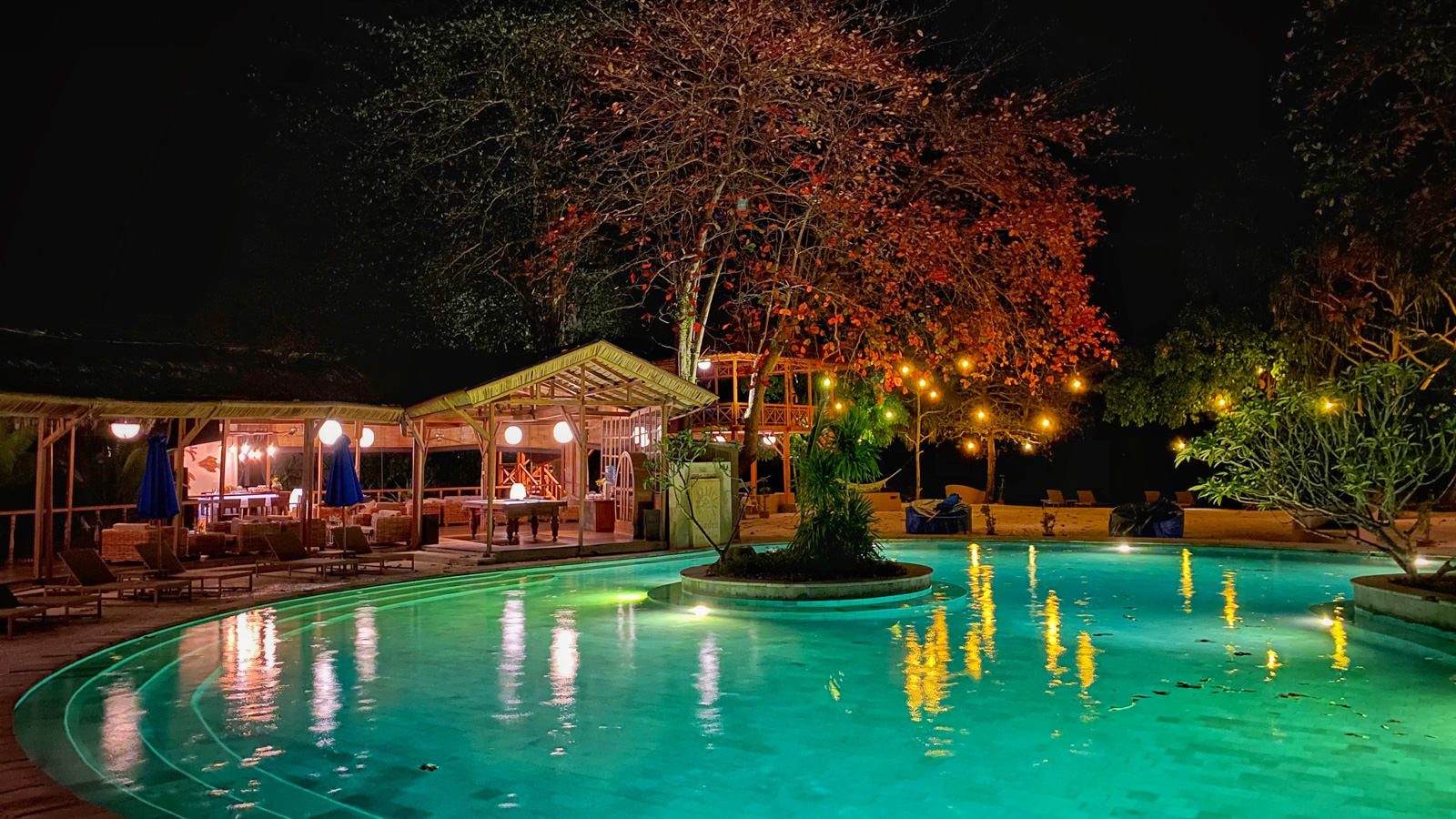 The pool after dark, torches burning along the edge and a flowering tree strung with lights above the terrace.