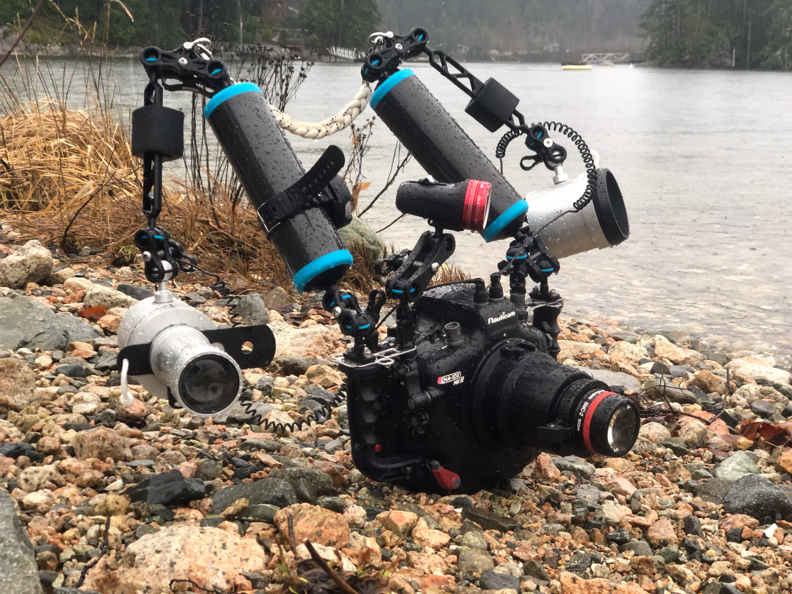 An underwater housing with twin strobes on articulated arms
