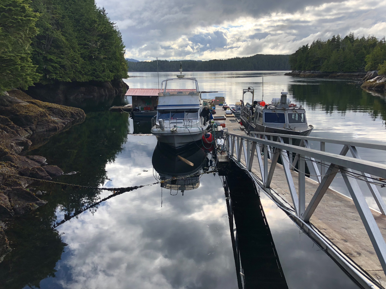 The float and ramp from the shore, boats moored along it and the cloud lying still on the water.