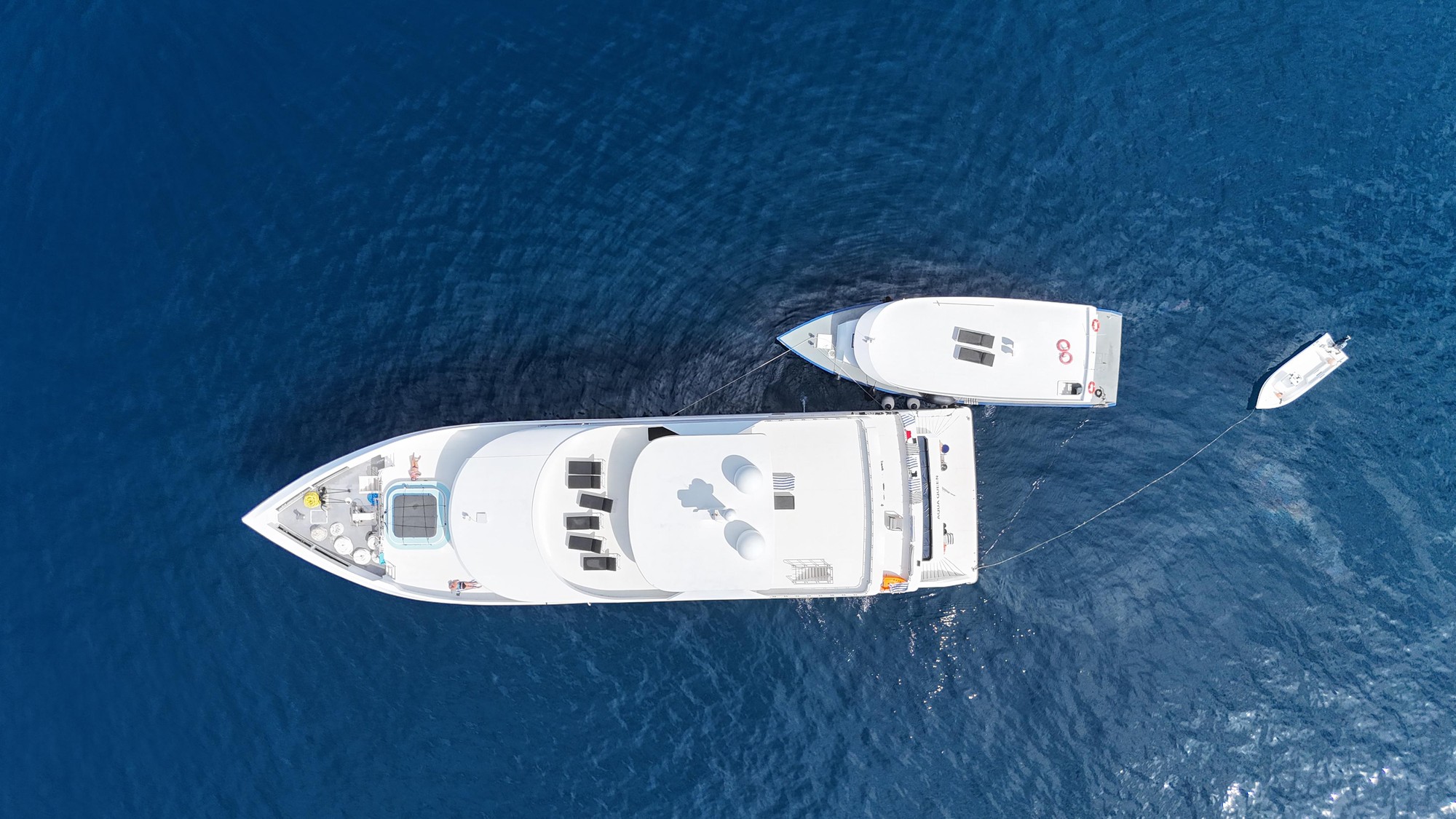 A white motor liveaboard photographed from directly above, lying at anchor on deep blue with a tender alongside