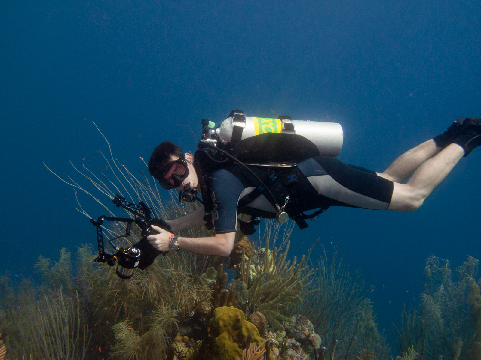 Miles in a shorty over a Caribbean reef, sea rods and gorgonians below him, an early housing in both hands