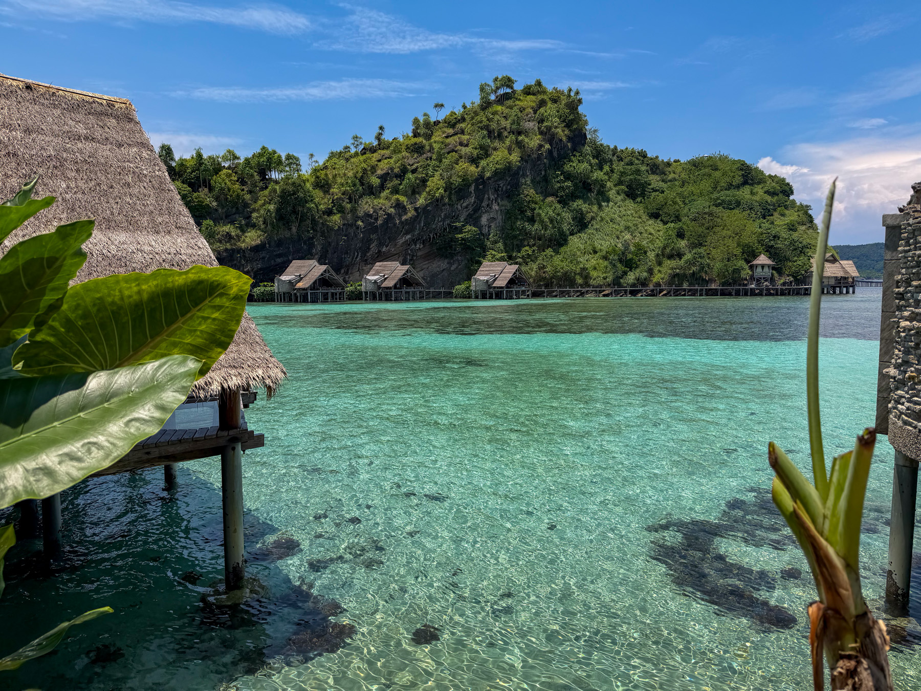 Four bungalows on stilts in a row beneath a limestone cliff, seen past the thatched roof of a fifth and a broad green leaf in the foreground, the walkway linking them running off to the right
