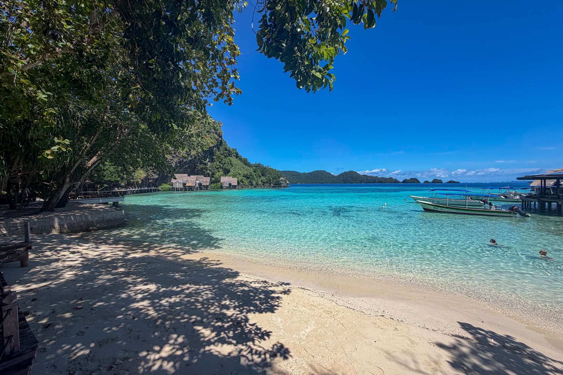The beach in the shade of a big overhanging tree, two swimmers in the shallows, dive boats moored off a jetty and the bungalows running away along the headland