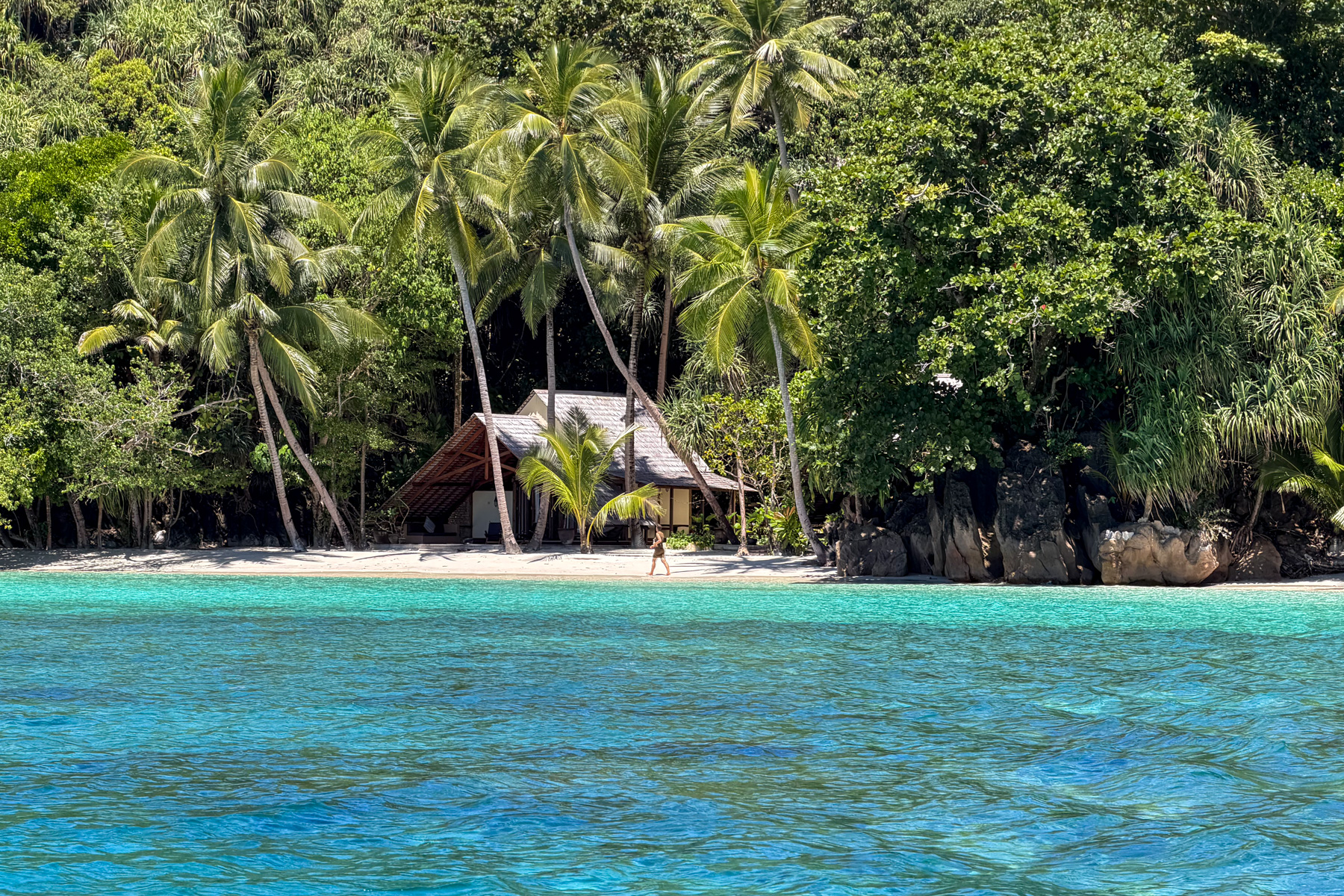 A single cottage set back under coconut palms behind its own strip of sand, one person walking the beach, deep blue water across the whole foreground
