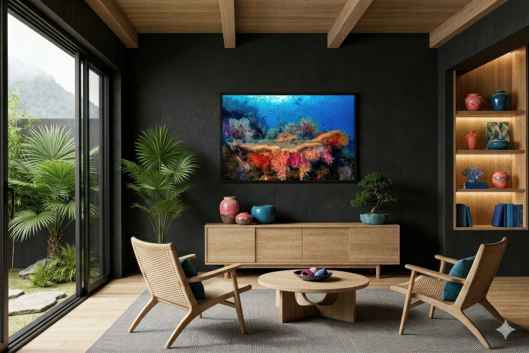 A 30 by 45 inch print of the Misool sweetlips hanging in a living room, shown for scale