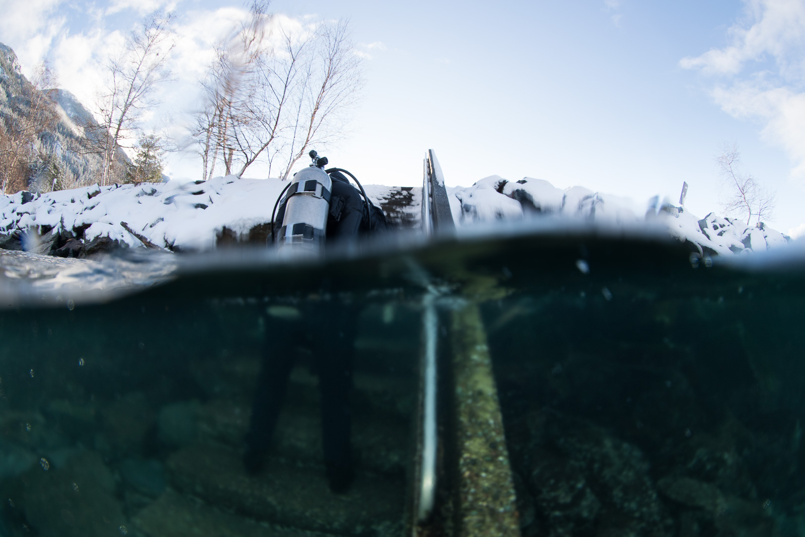 Snow on the bank and bare trees above the waterline, green water below, a diver kitted up on the shore, Howe Sound